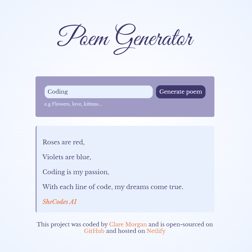 Screenshot of AI poem generator project