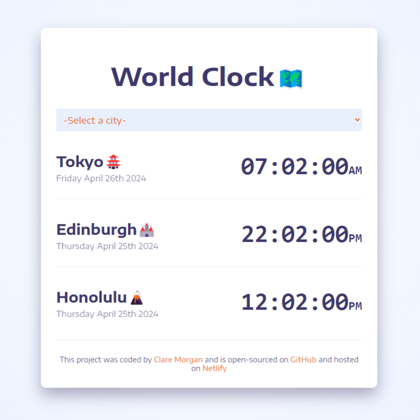 Screenshot of world clock project